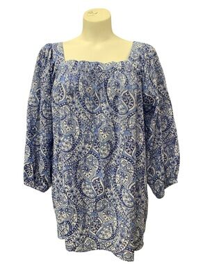Chaps Blue & White Paisley Square-Neck Tunic Size L